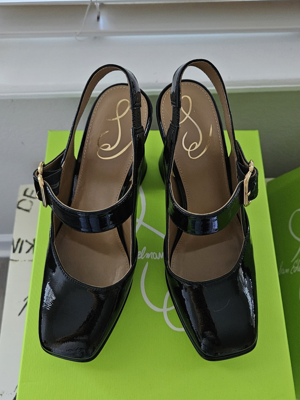 Sam Edelman Black Patent Mary Jane Slingback Heels with Gold Buckle Accent - Picture 4 of 6